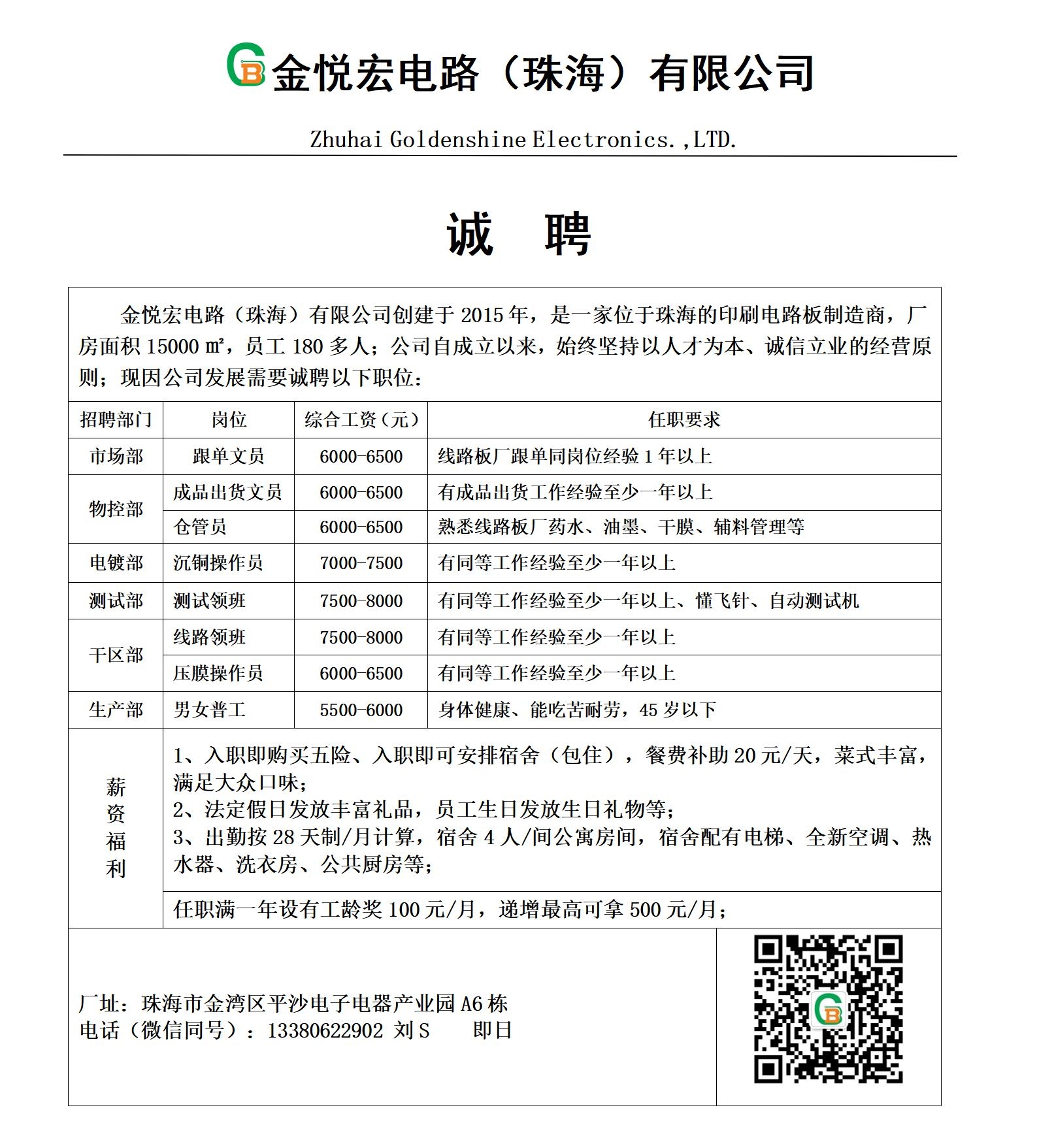 金悅宏電路（珠海）有限公司2024年3月18日招聘告示